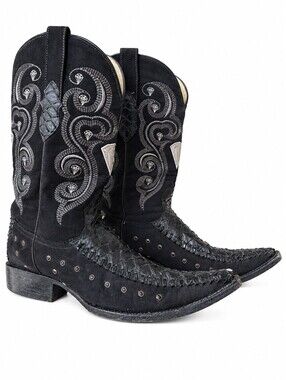 White Diamonds Men’s 8.5 Black Leather Cowboy Boots Y2K Embroidered Western